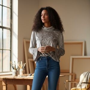 Petite XL Ruby Rd Silver Velvet Long Bell Sleeve Top